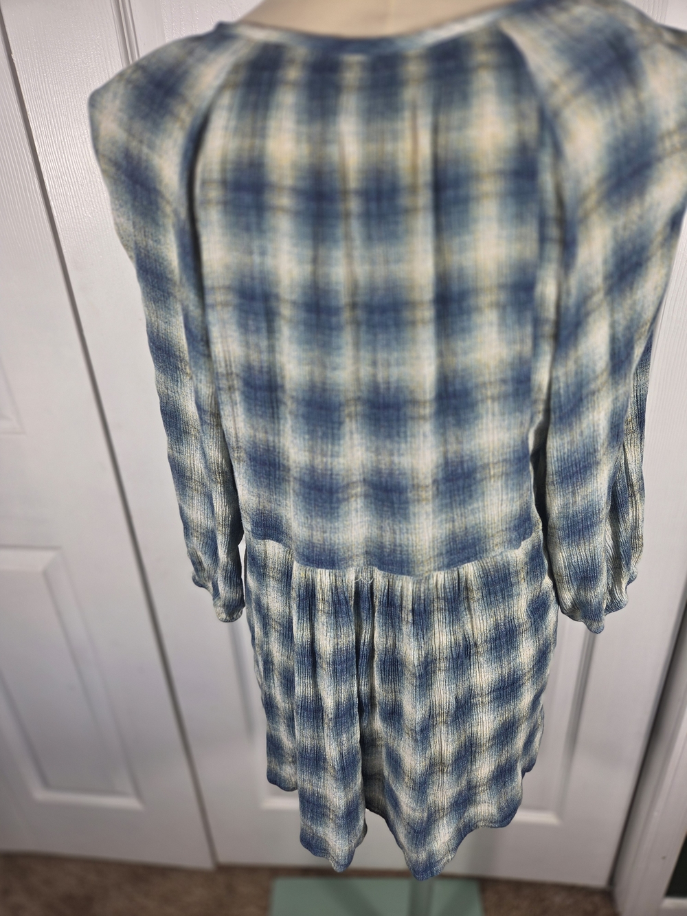 Maeve Anthropologie Plaid Peasant Tunic Top Medium Blue Cream Boho Babydoll - Picture 4 of 8